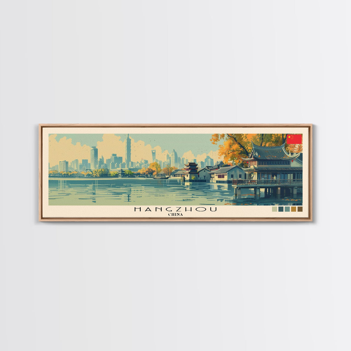 Hangzhou, China Panoramic Canvas Print, Hangzhou, China Painting, China Art, Hangzhou Travel Poster, Travel Art, Housewarming Gift