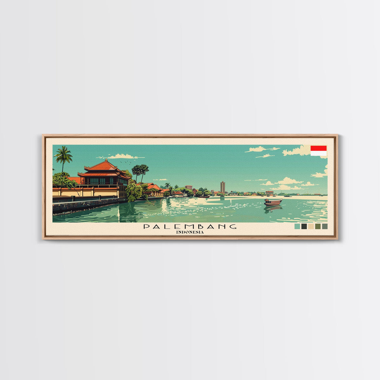 Palembang, Indonesia Panoramic Canvas Print, Palembang, Indonesia Painting, Indonesia Art, Palembang Travel Poster, Travel Art, Guest Room Painting