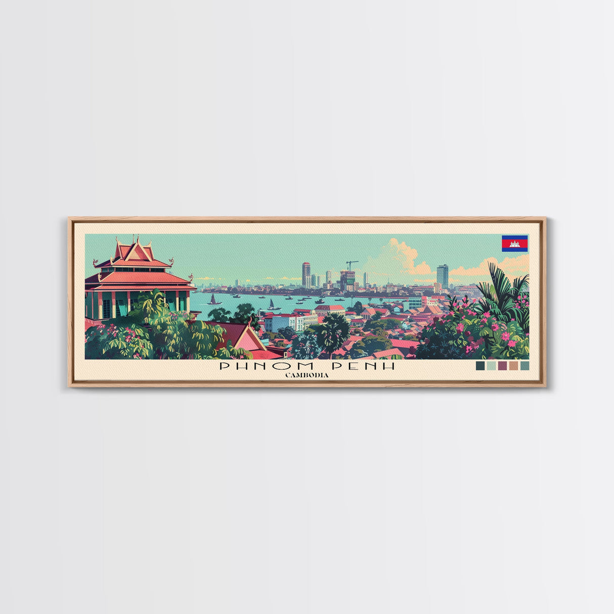 Phnom Penh, Cambodia Panoramic Canvas Print, Phnom Penh, Cambodia Painting, Cambodia Art, Phnom Penh Travel Poster, Travel Art, Guest Room Painting