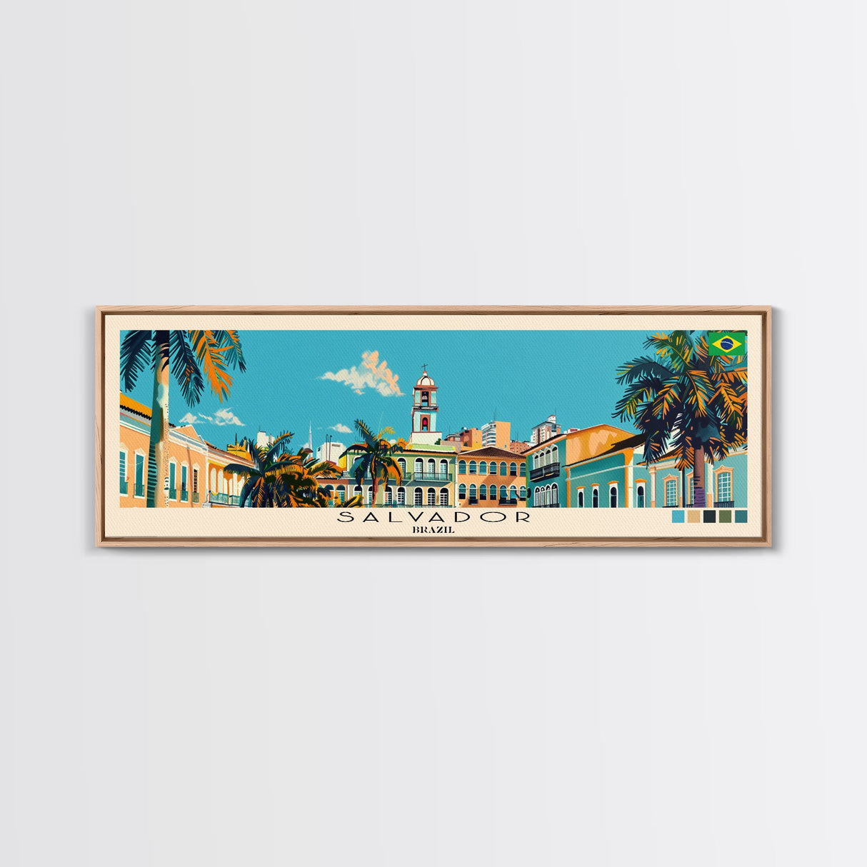 Salvador, Brazil Panoramic Canvas Print, Salvador, Brazil Painting, Brazil Art, Salvador Travel Poster, Travel Art, Guest Room Painting