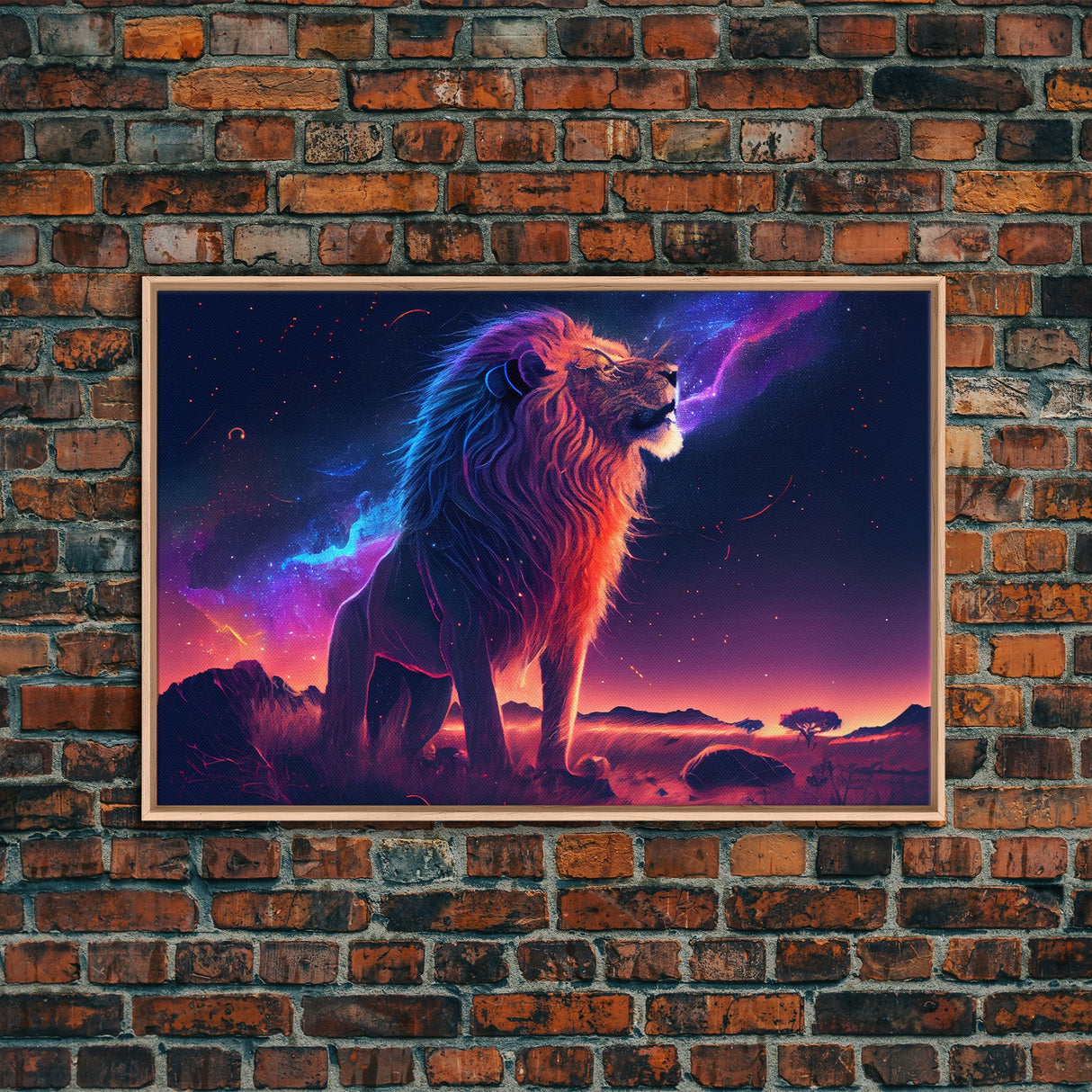 The Lion and the Galaxy, unique vibrant synthwave wall art, framed canvas print, animal lion print