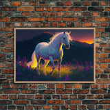 Vibrant portrait of a white horse in a field of flowers, vaporwave aesthetic art, animal prints, framed canvas print, colorful wall art