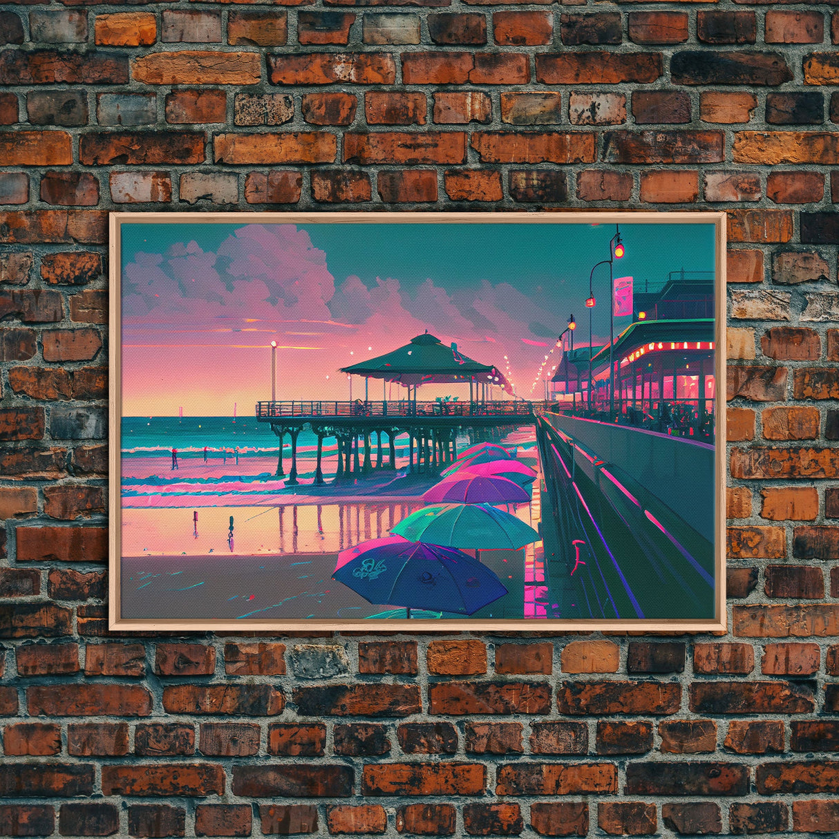 Neon Beach, cool beach house wall decor, synthwave pier and boardwalk, framed canvas print, framed wall art