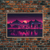 City Mountains Landscape Sea Ocean Moon Purple Wall Art Print, Wall Decor, Fine Art Print, Wall Poster