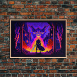 8 bit Pixel art, RPG video game concept art, Paladin faces the Dragon, synthwave style, framed canvas print