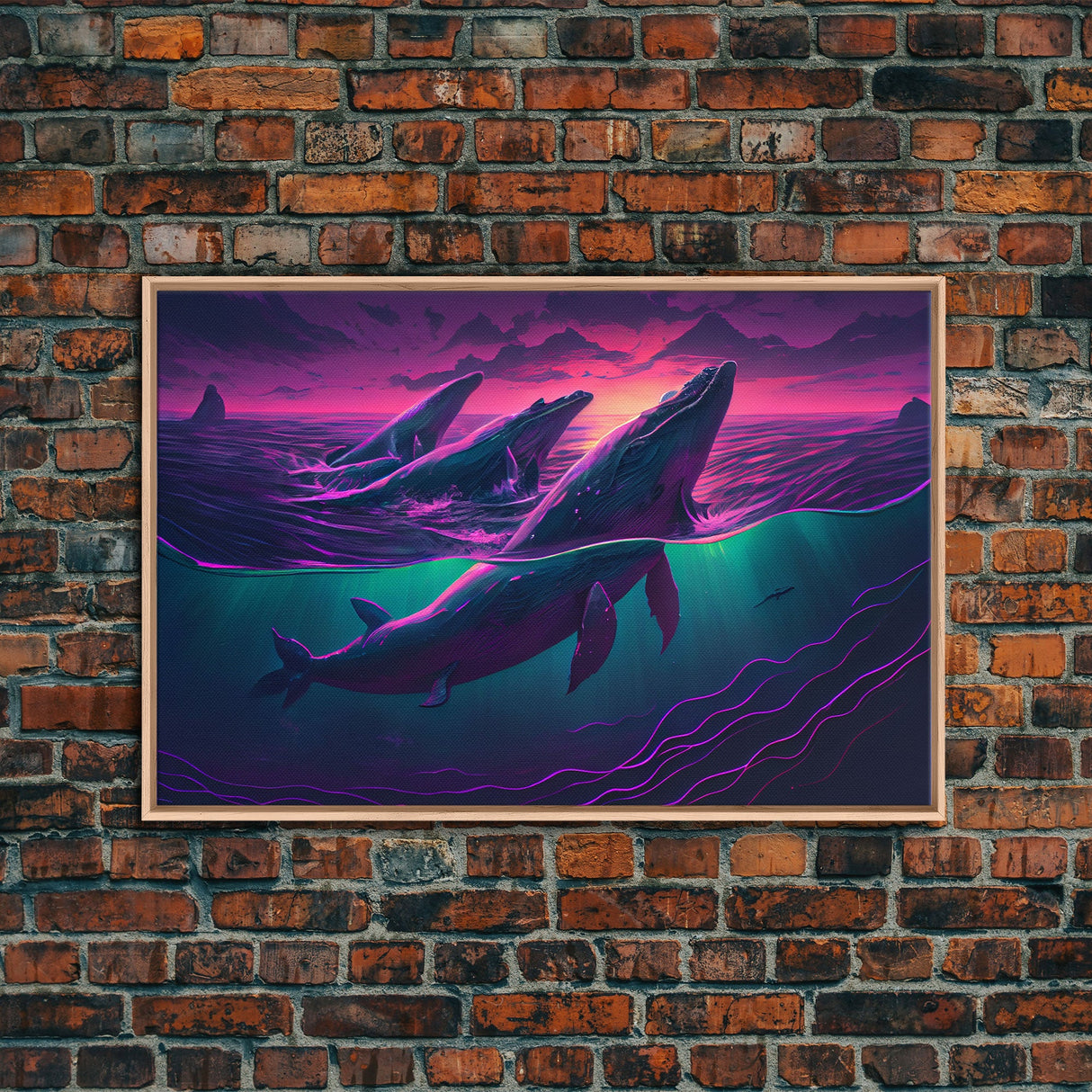 3 Blue Whales Breaching at Sunset, vaporwave synthwave ocean art, framed canvas print