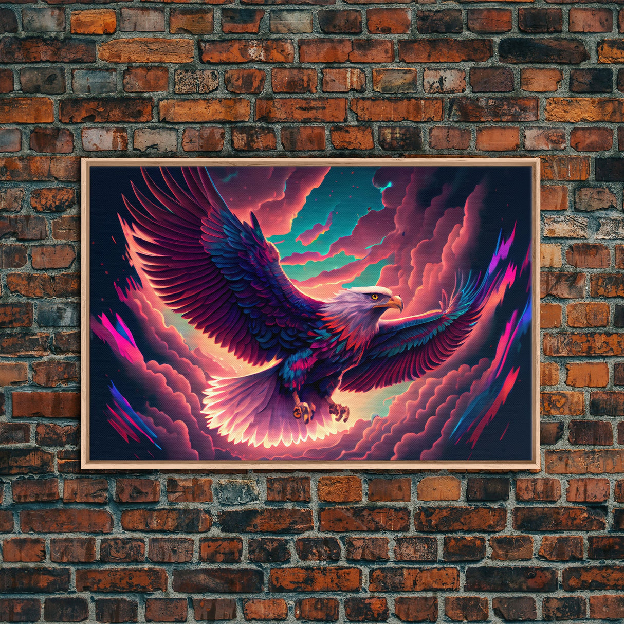 Birds of Prey art, bioluminescent Bald eagle, vaporwave art animal print, framed canvas print, framed canvas print, wall art with frame