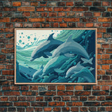 Dolphins in the Ocean, Turquoise dolphin art, framed canvas print, wall art with frame