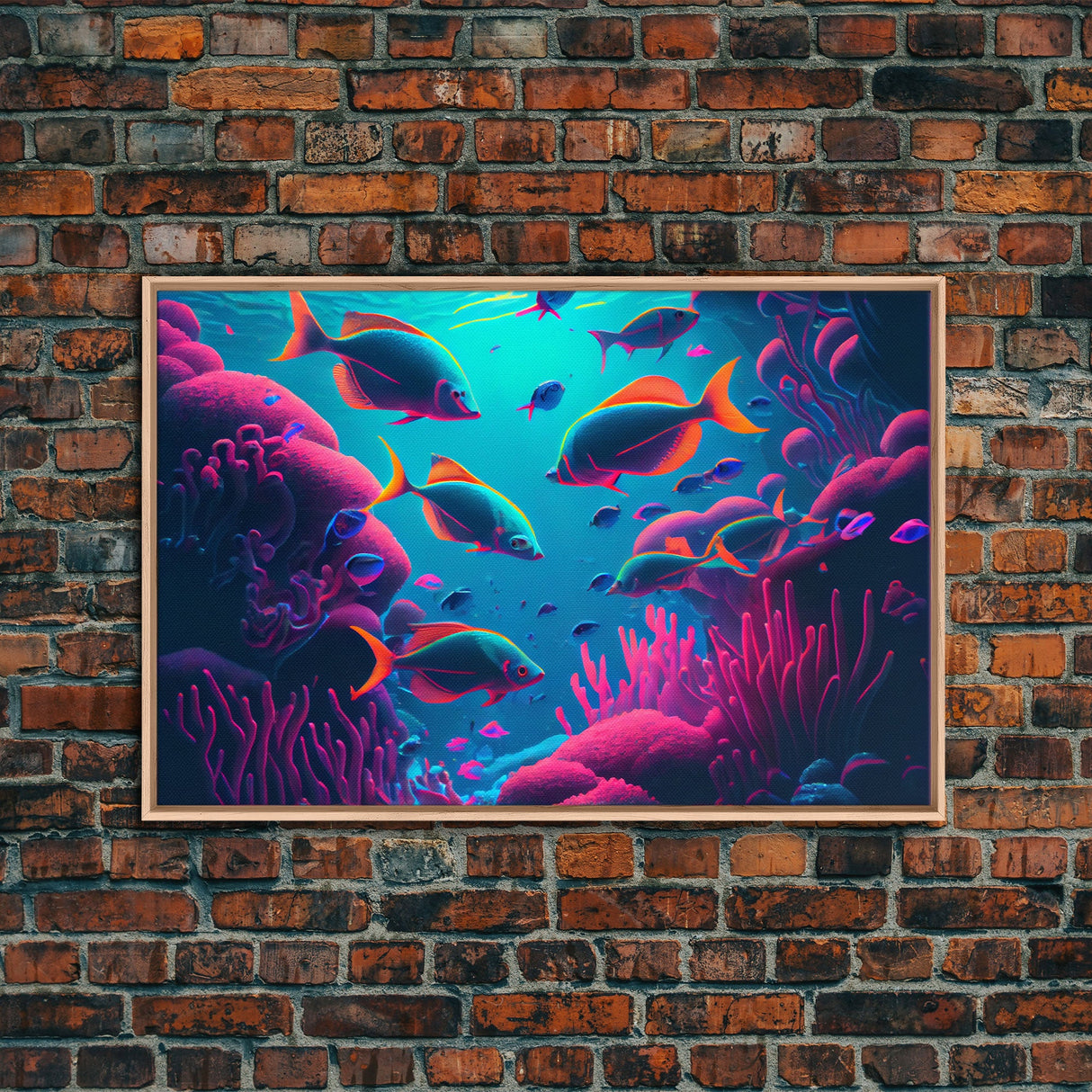 Coral Reef art, synthwave aesthetic ocean art, school of fish, framed canvas art, framed wall art canvas print