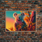 Cute Koala bear at sunset, vaporwave animal art, framed canvas print, framed wall art, ready to hang