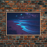 Vaporwave Starry night over a calm beach, watercolor, framed canvas print, synthwave wall art aesthetic