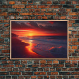 High tide slowly rolling in at sunset, beautiful beach art, framed canvas print