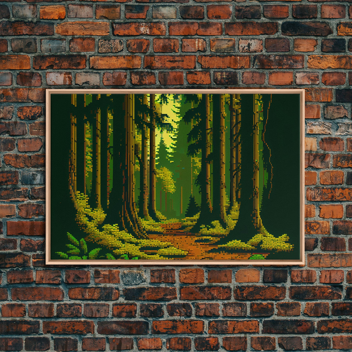 Among The Tall Trees, Beautiful forest 8 bit pixel art, framed canvas print, game room art