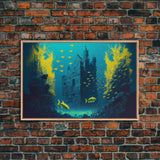 Underwater castle fantasy art, 8 bit pixel art for videogame room, framed canvas print