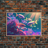 Tropical Reef Art, vaporwave pastel ocean fish art, school of fish art, framed canvas print