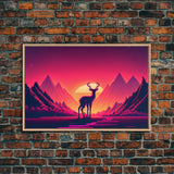 Deer at sunset, outrun style nature animal print, framed canvas print, sunrise art