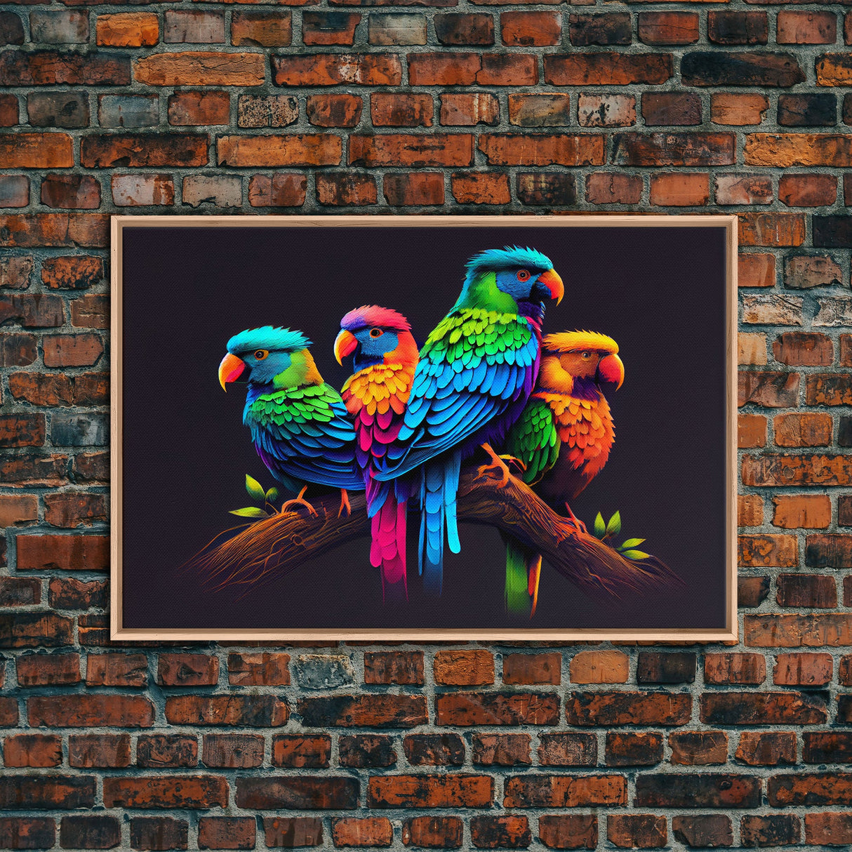 Tropical birds, vibrant and colorful animal print, parrots, framed canvas print, Framed wall art