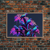 Synthwave Tropical Birds, Parrot Art, Framed canvas print, framed wall decor, vaporwave animal print