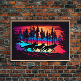 Wolves on the hunt at sunset, synthwave animal art, framed canvas print, vaporwave aesthetic animal art