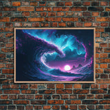 The Wave, Synthwave style ocean art, sunset in a wave, framed canvas print