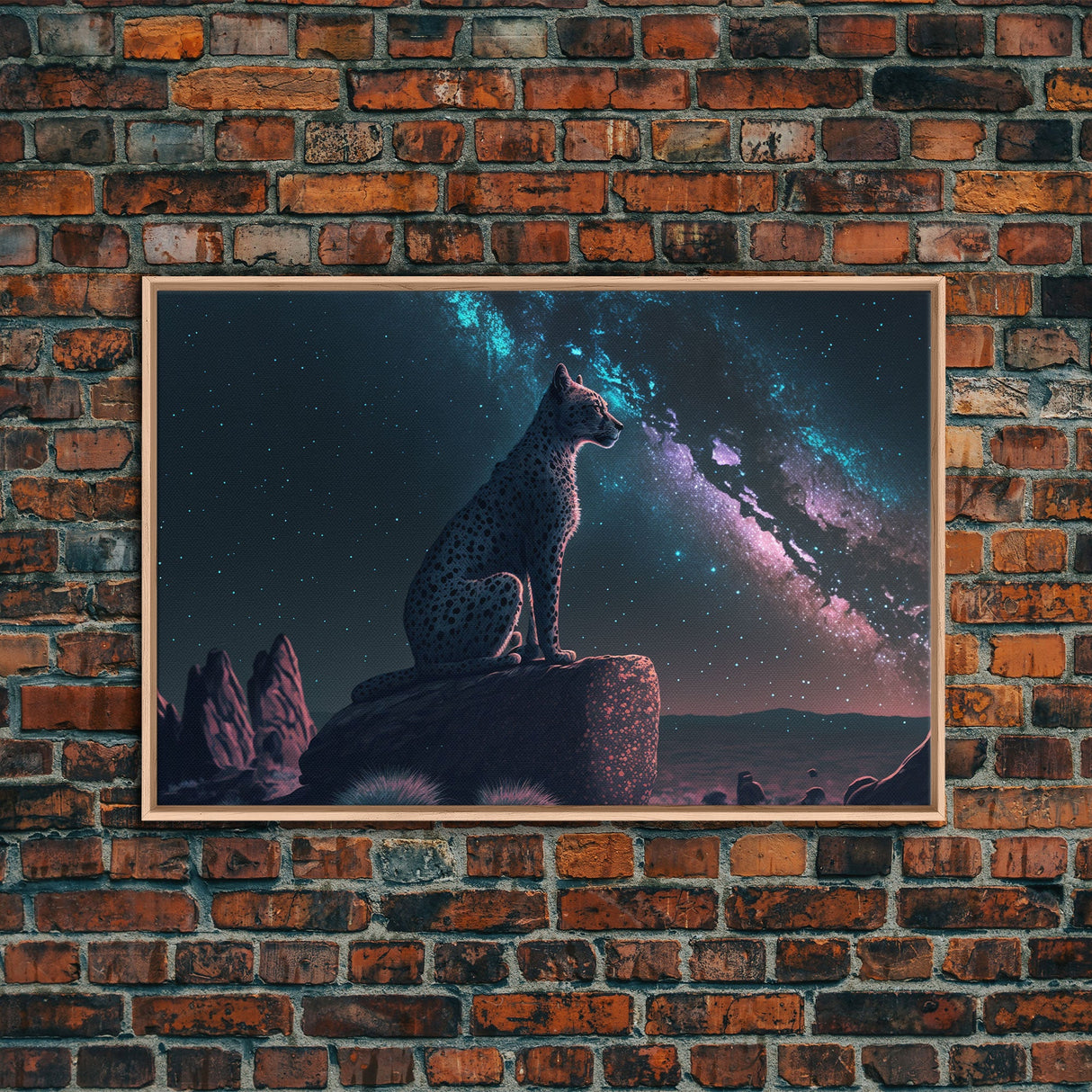 Cheetah overlooking the valley, synthwave retro style animal prints, framed canvas print, framed wall art, starry Africa night sky