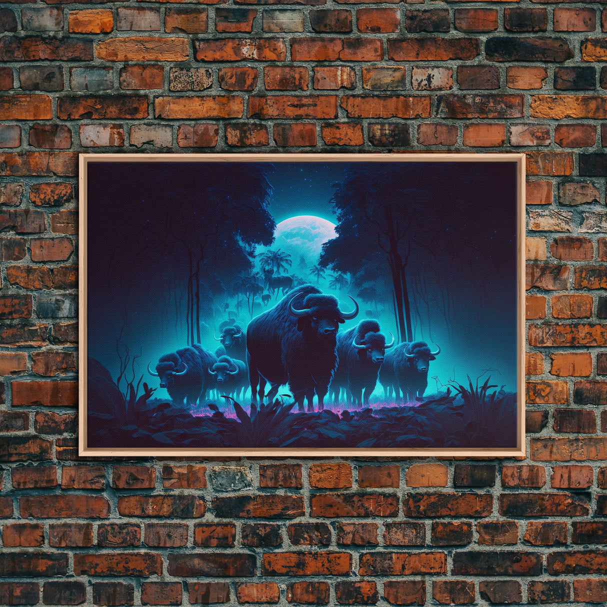 Herd of Water buffalo at midnight, full moon, retro style synthwave animal prints, framed canvas print