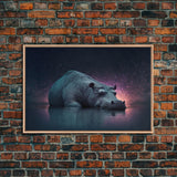 Sleepy Hippo, Animal Prints, framed canvas prints, wildlife art, starry night pastel hue art