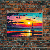 Sailing at Sunset, Watercolor Painting Canvas Print, Framed Wall Art, Unique Sunset Pop Art Ocean Landscape Decor