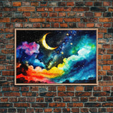 Rainbow Starry Night Sky, Milky Way Galaxy Abstract, Framed Canvas Print, Unique Scifi Space Art, Nursery Art For Kids