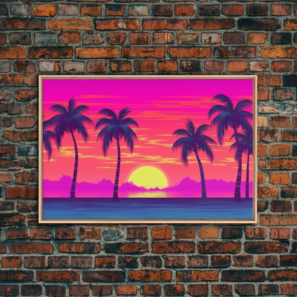 Beach sunset Wall Art, Framed Canvas Print, Colorful painting, Vibrant art, Synthwave Style, Warm Colors, Pop Art style, Tropical art