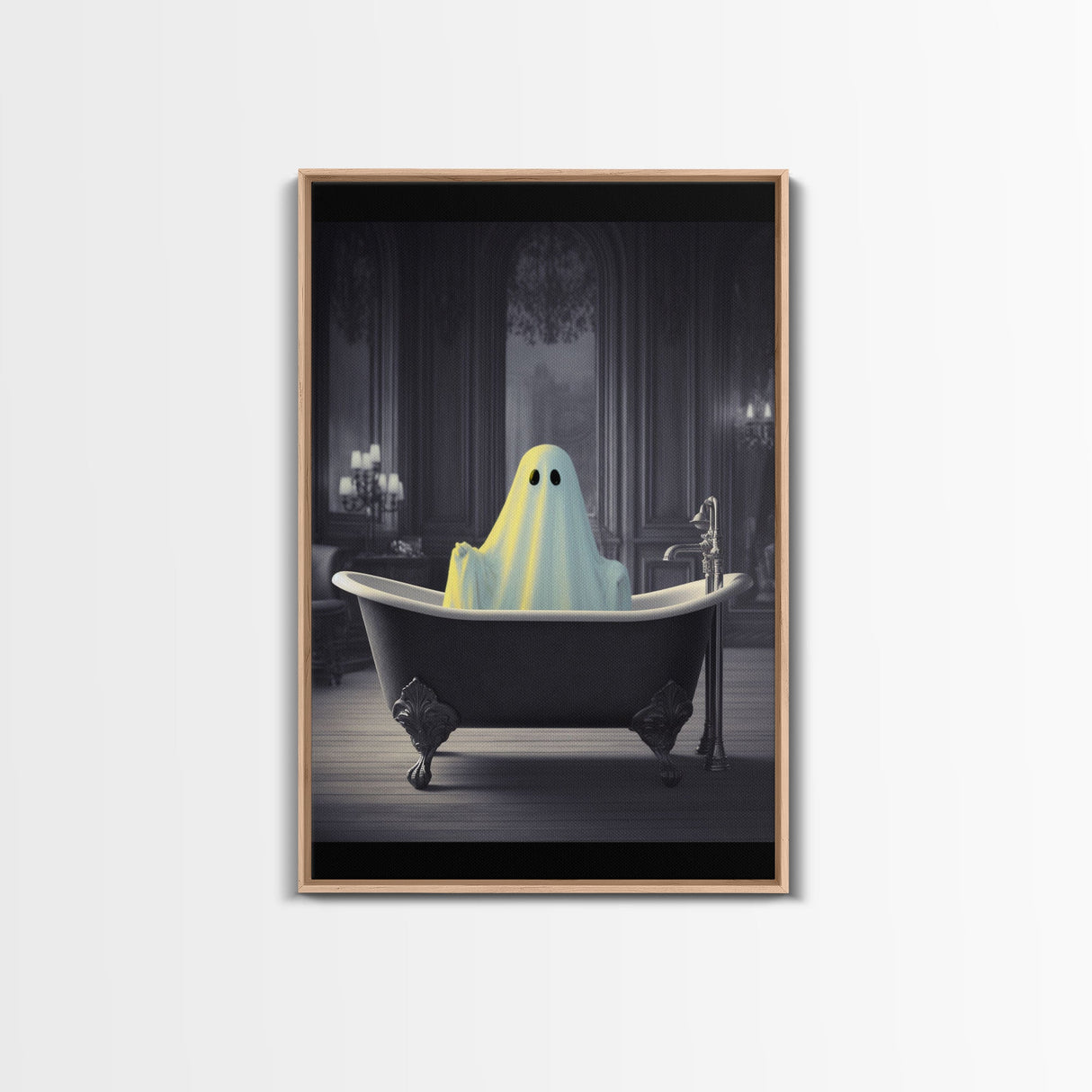 Funny Halloween Art, Ghost Takin' A Bath, Framed Canvas Print, Halloween Canvas, Ghost In The Tub, Goofy Gothic Victorian Art