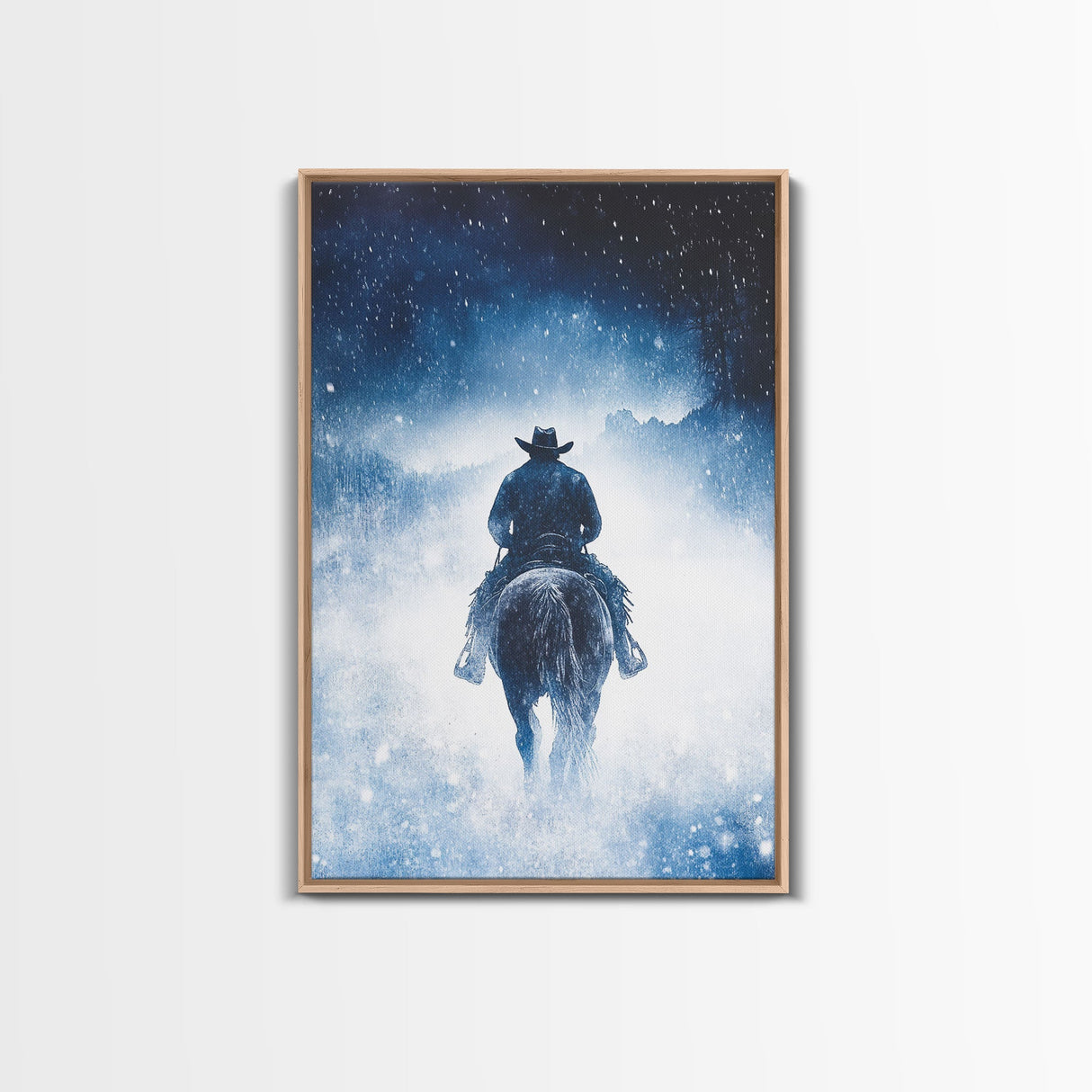 Rider In The Snow Storm, Framed Canvas Print, Western Winter Landscape Painting, Winter Wonderland Art