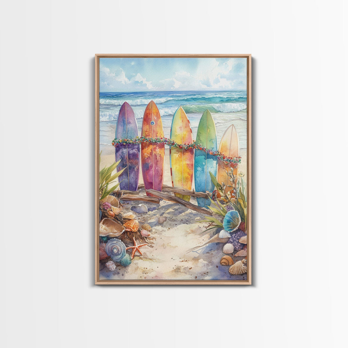 Christmas Surfboards On A Snowy Beach, Framed Canvas Print, Tropical / Nautical Christmas Art or Gift Idea, Christmas Poster