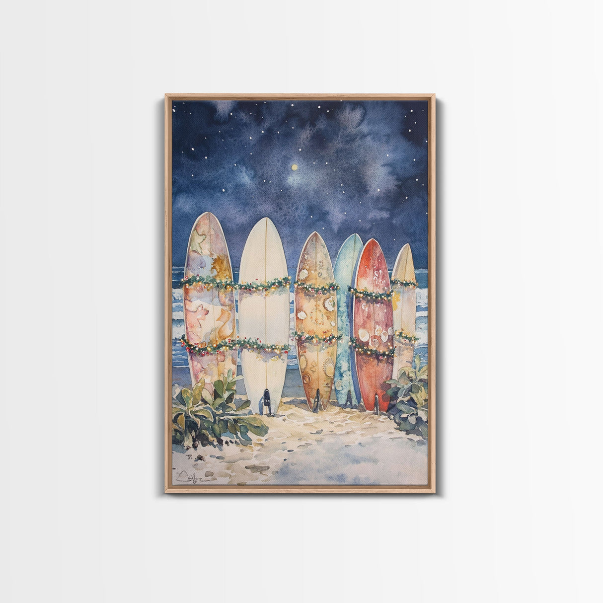 Christmas Surfboards On A Snowy Beach, Framed Canvas Print, Tropical / Nautical Christmas Art or Gift Idea, Christmas Poster