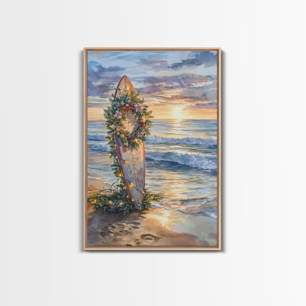 Beach Christmas Decor, Framed Canvas Print, Christmas At The Beach, Nautical / Tropical Holiday Wall Art