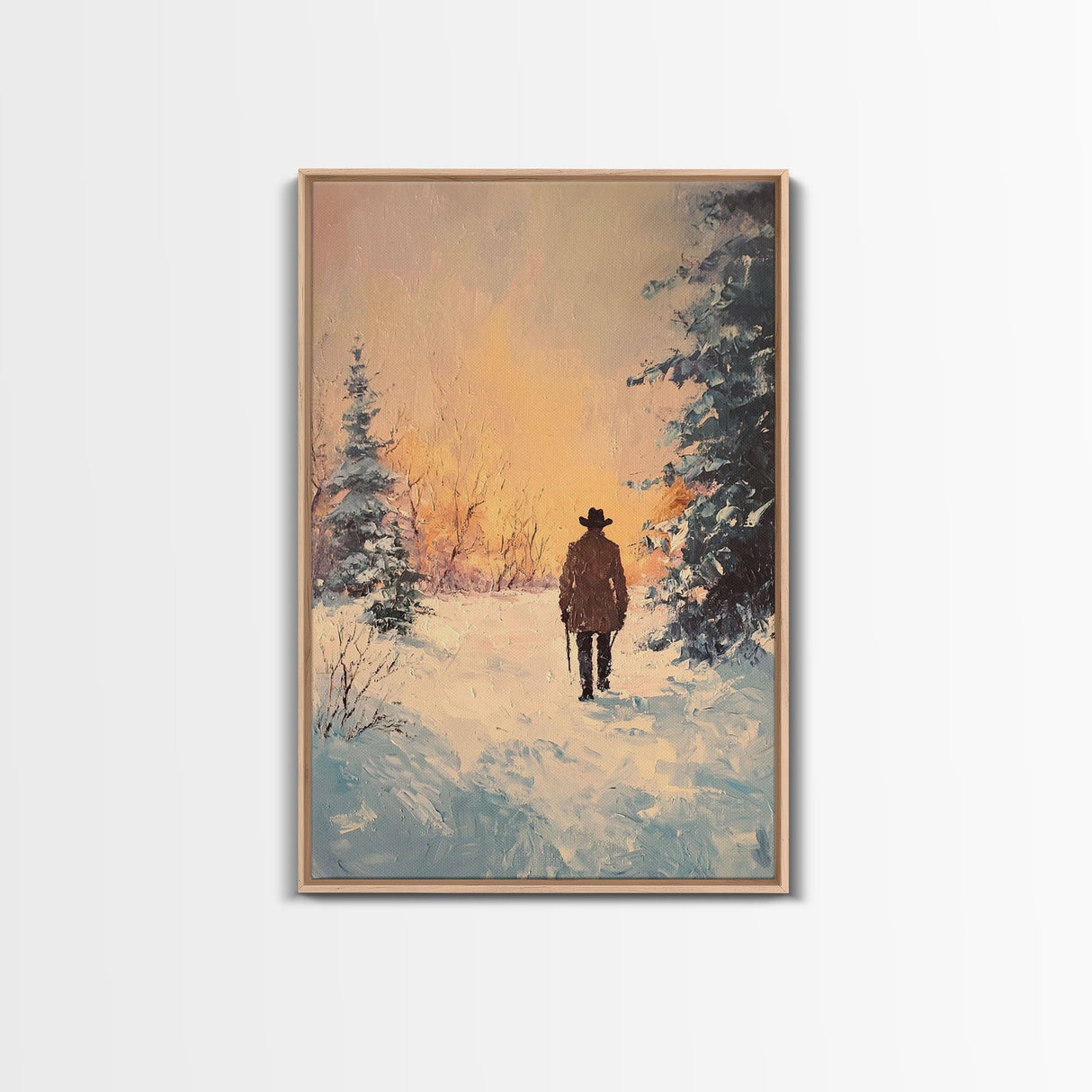 Lone Cowboy in Snowy Forest Canvas Print, Winter Wonderland Western Art, Christmas Wall Art Gift, Seasonal Holiday Decor, Tall Canvas Print