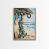 Surf Shack Christmas Framed Canvas Print, Beachfront Holiday Scene with Decorated Tree Surfboard, Coastal Wall Art Tropical Christmas Decor