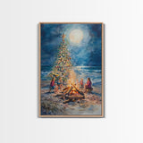 Christmas by the Bonfire Framed Canvas Print Family Gathering Around Christmas Tree Beach, Coastal Holiday Wall Art Nautical Christmas Decor