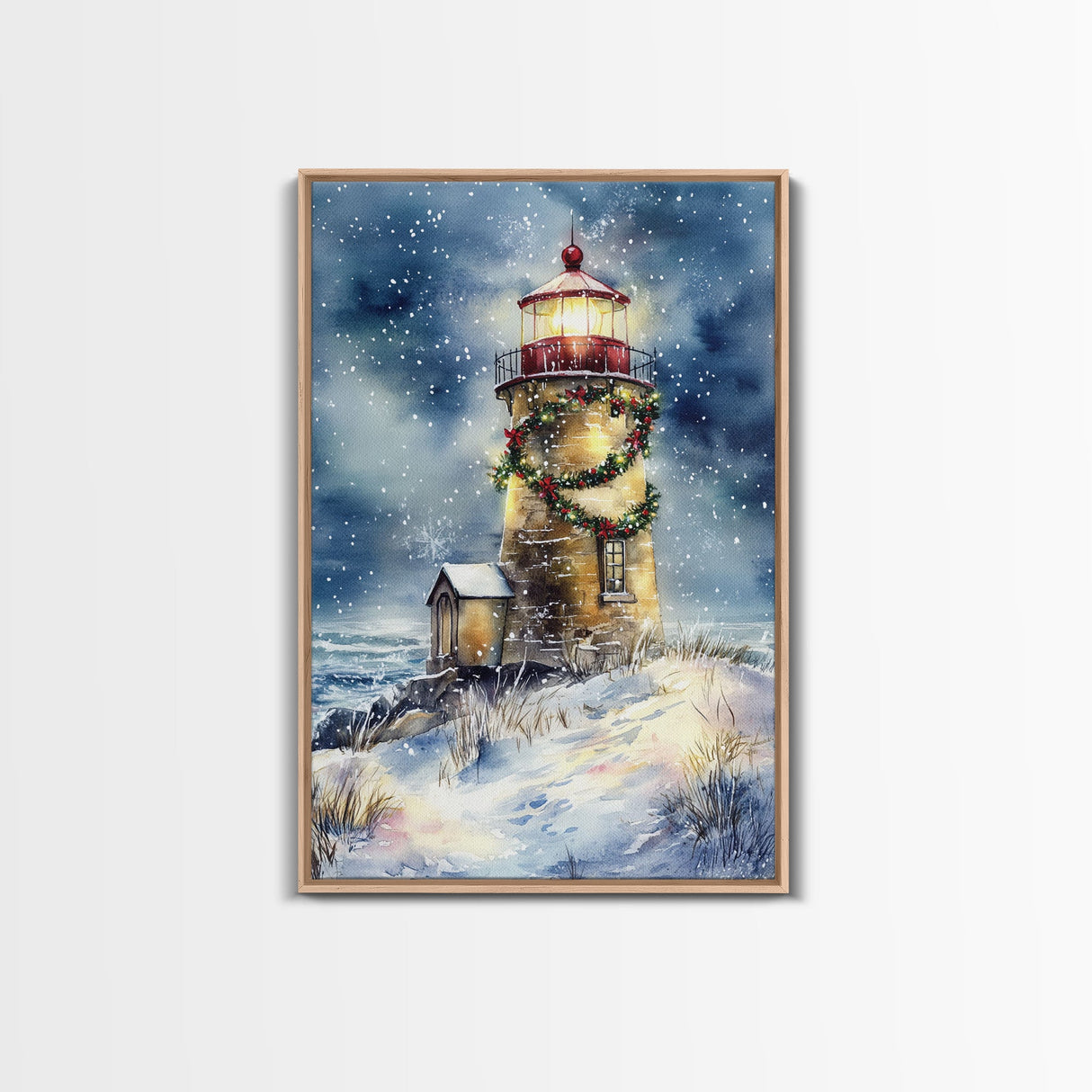 Snowy lighthouse under moonlit sky with wreath, Framed Canvas Print, beach Christmas decor for winter wonderland, holiday wall art