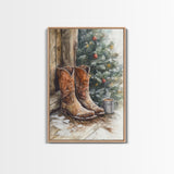 Rustic cowboy boots by Christmas tree, Framed Canvas Print, farmhouse Christmas decor, cozy holiday wall art, western style home decor