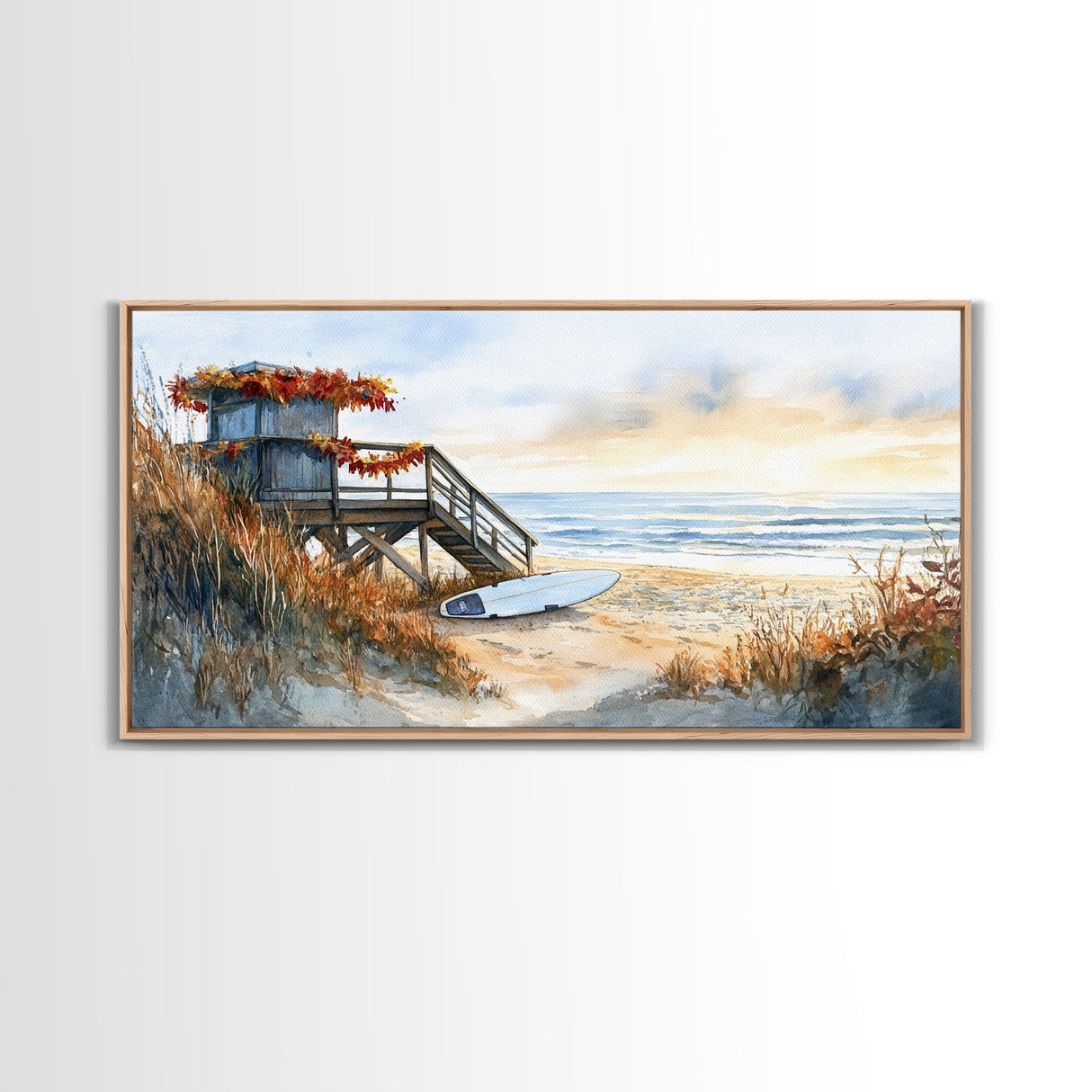 Christmas vacation decor Framed Canvas Print coastal beach cabin snowy winter landscape holiday decor gallery wall Christmas wall print