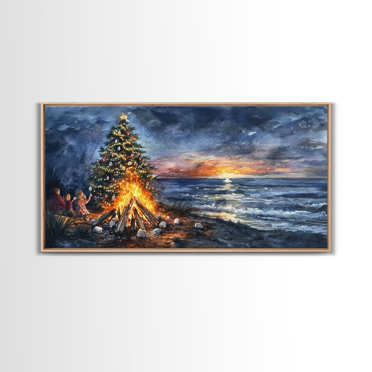 Beach Christmas decor with bonfire, sunset coastal holiday wall art, Christmas tree print, festive coastal art gift, framed canvas print