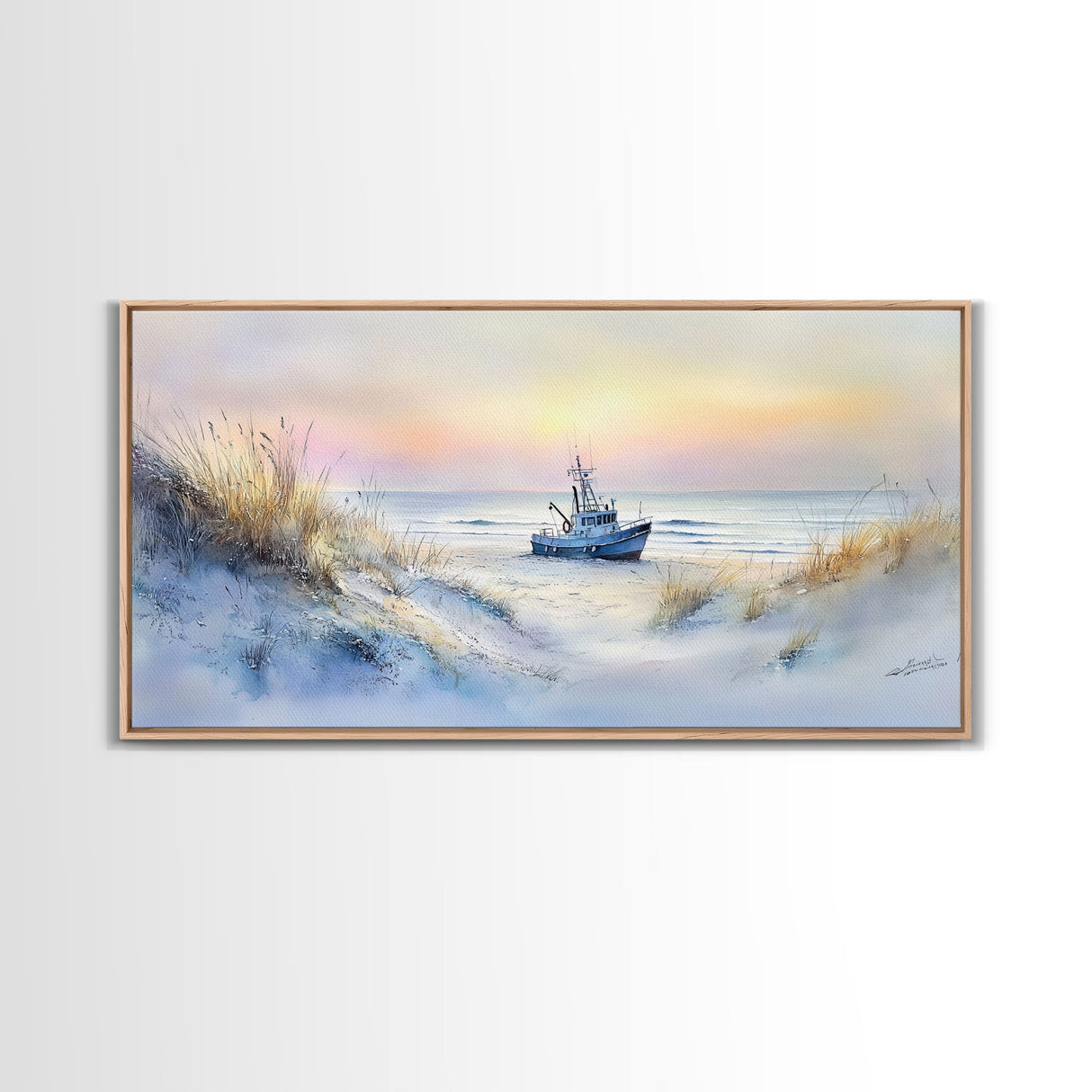 Seaside winter ship art, beach winter landscape, coastal holiday art, framed canvas print, nautical decor, Christmas wall art