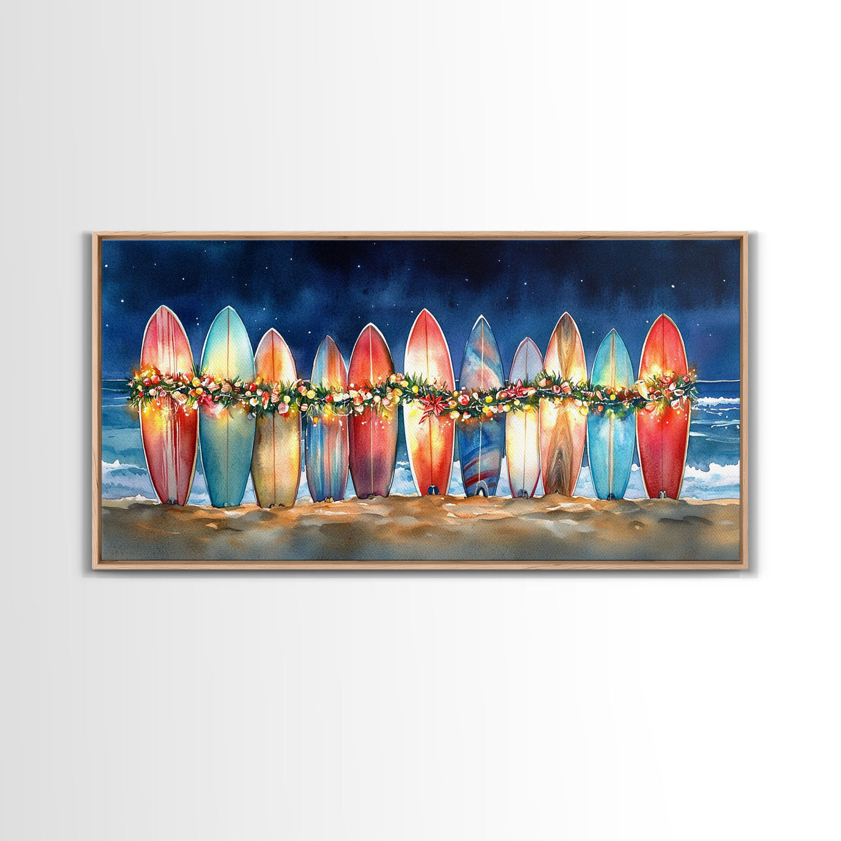 Surfboards with Christmas lights, tropical Christmas wall art, beach holiday decor, framed canvas print, coastal Christmas art, festive art