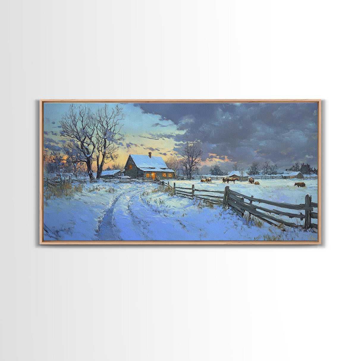 Beautiful Winter Snowy Farm Framed Canvas Print Rustic Christmas Decor, Christmas Wall Art and Holiday Art Prints, Gift Home Decor