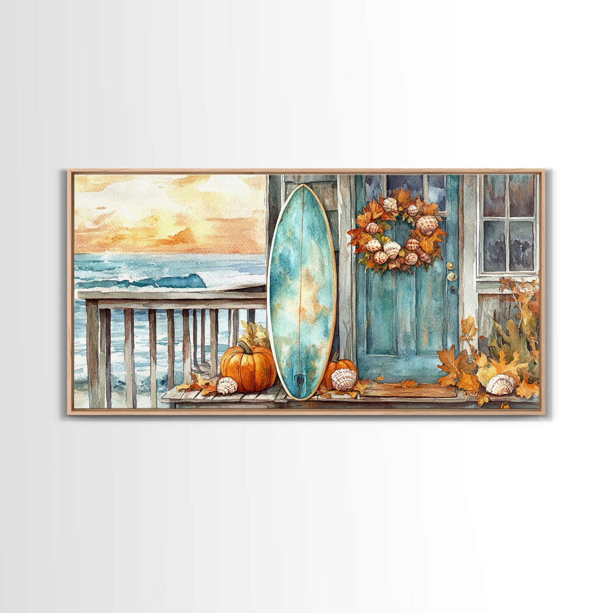 Coastal Surfboard and Pumpkins Fall Scene, Framed Canvas Print, Autumn Beach Decor, Fall Home Decor, Wall Art, Coastal Autumn Wall Print