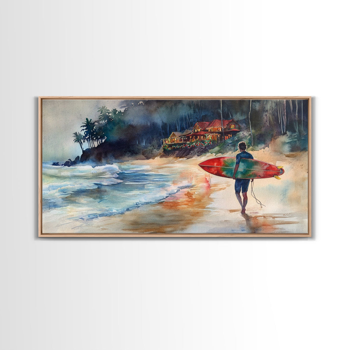 Surfer at Coastal Christmas House Canvas Print | Tropical Christmas Wall Art | Beach House Holiday Decor | 2024 Coastal Christmas Art Gift