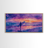 Surfing Beach Sunset Canvas Print | Purple Hues Coastal Decor | Framed Wall Art Christmas Beach Scene | 2024 Holiday Decor Christmas Gift