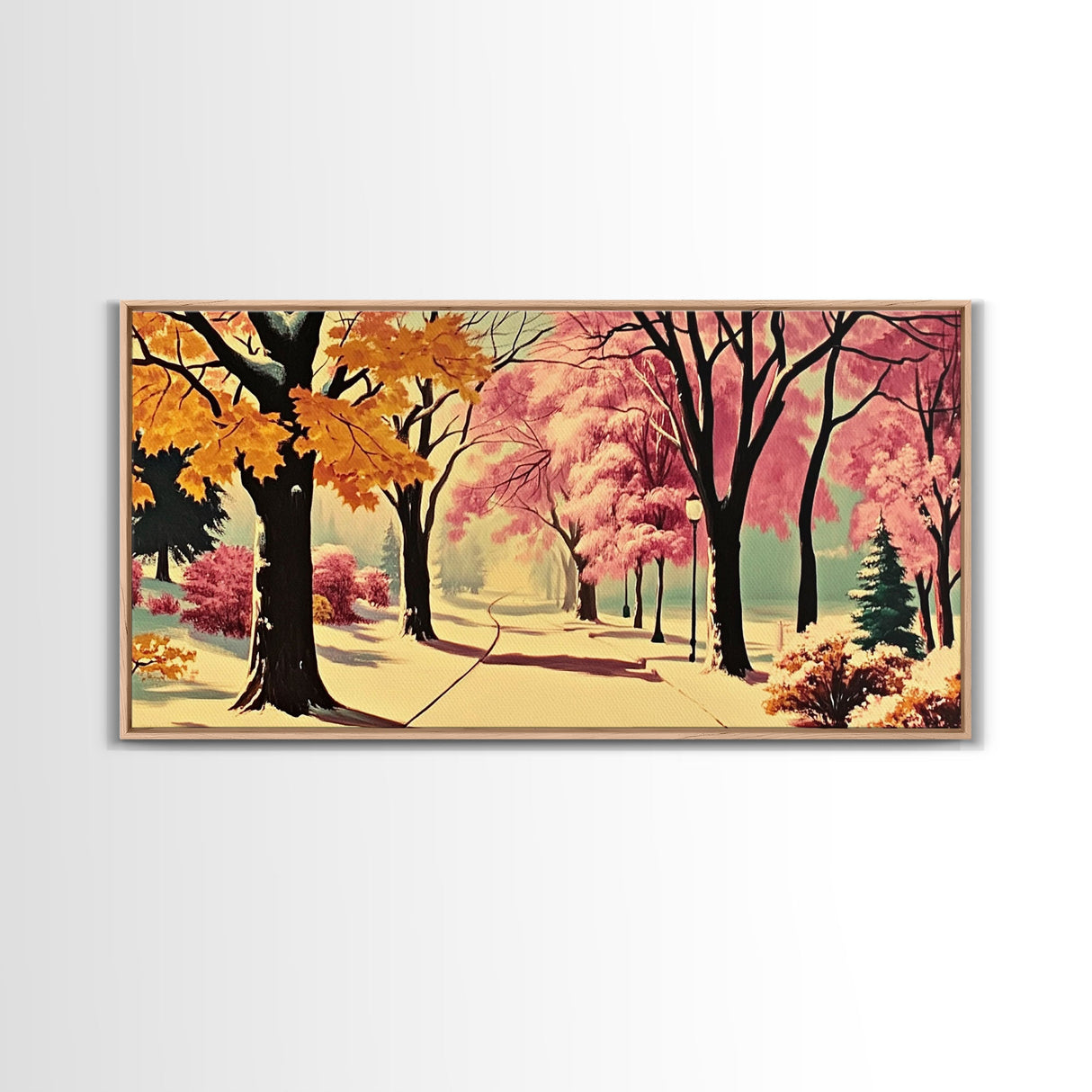 Autumn Park Path Framed Canvas Print, Warm Fall Trees and Pathway Wall Art, Seasonal Fall Home Decor, Farmhouse Gift Idea, Holiday Wall Art