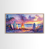 Surfboards And Bonfire At Sunset With Pumpkins, Tropical Beach Christmas Wall Art, Coastal Holiday Framed Canvas Print